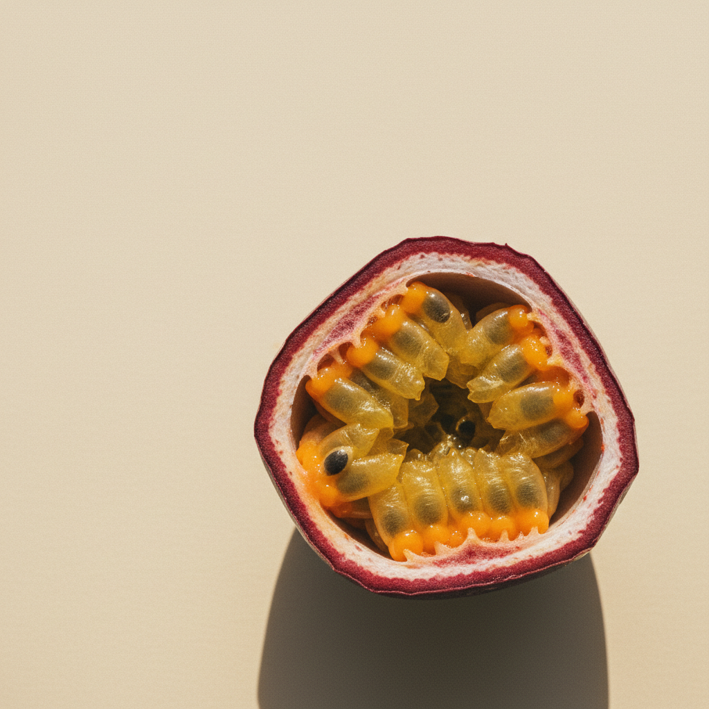 A halved passionfruit photographed on warm cream paper, showing the bright orange-yellow pulp inside