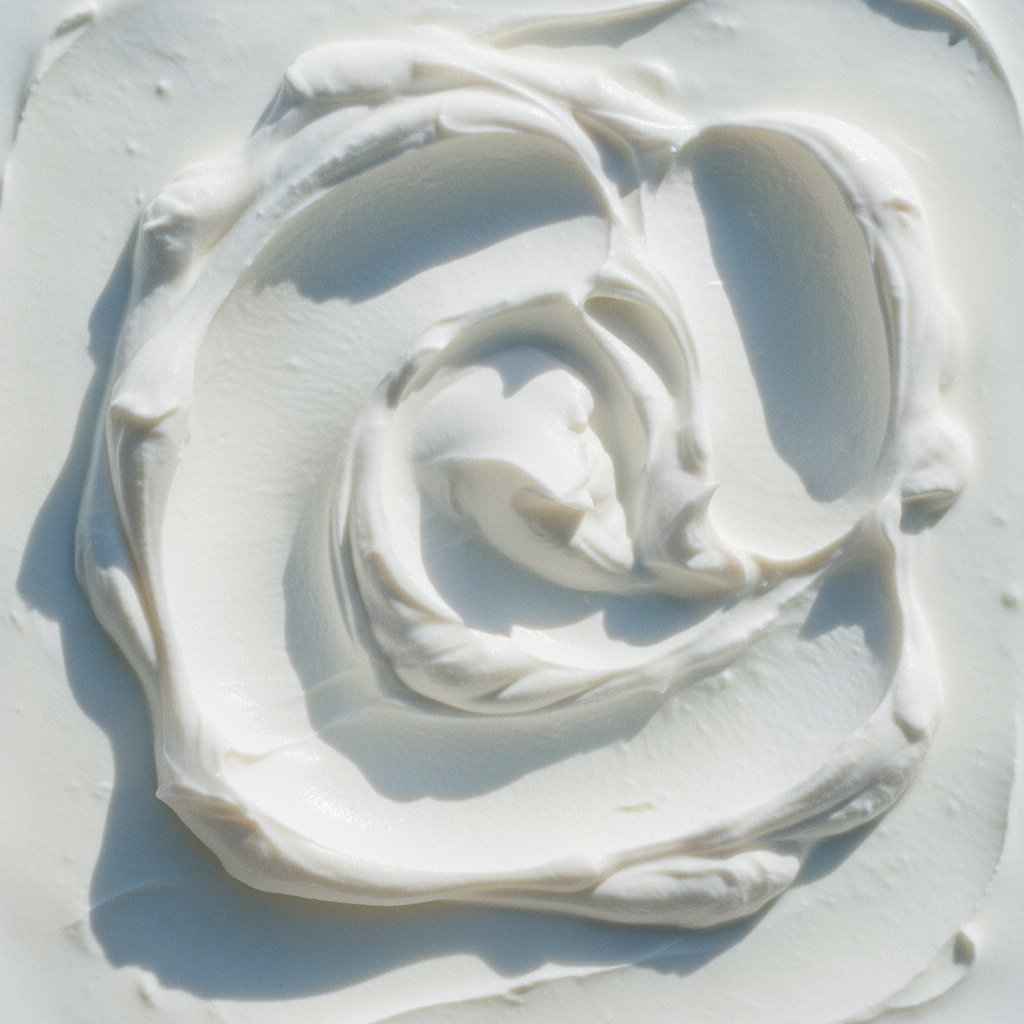 A close-up of thick twice-strained Greek yoghurt showing the dense white texture