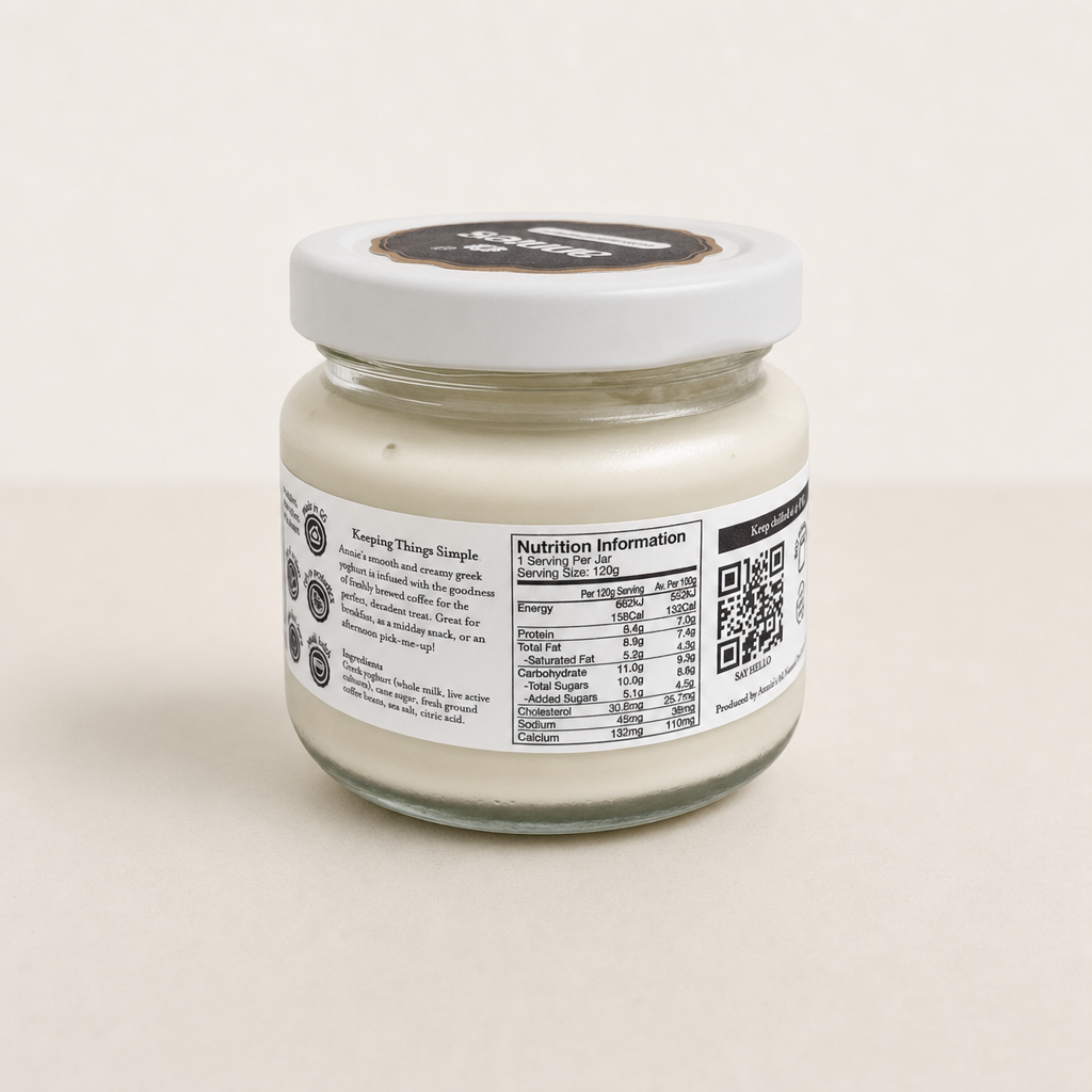 Back of Annie's Coffee Greek Yoghurt 120g jar showing the label