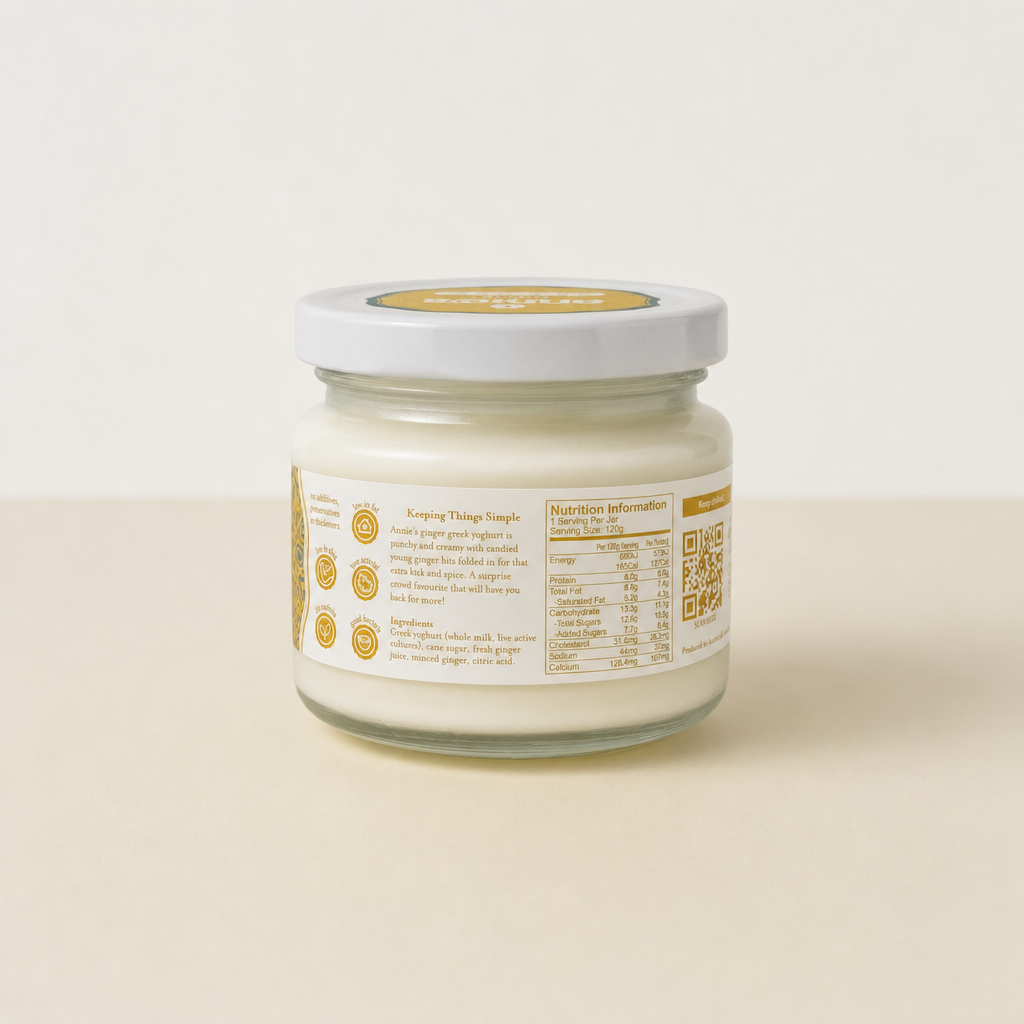 Back of Annie's Ginger Greek Yoghurt 120g jar showing the label