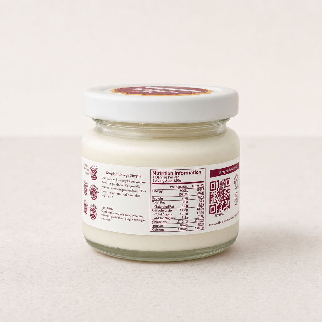 Back of Annie's Passionfruit Greek Yoghurt 120g jar showing the label