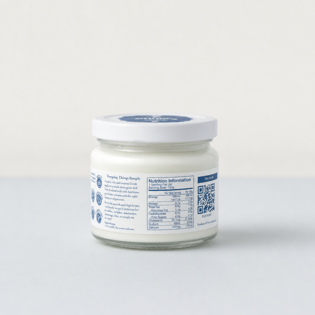 Back of Annie's Plain Greek Yoghurt 120g jar showing the label