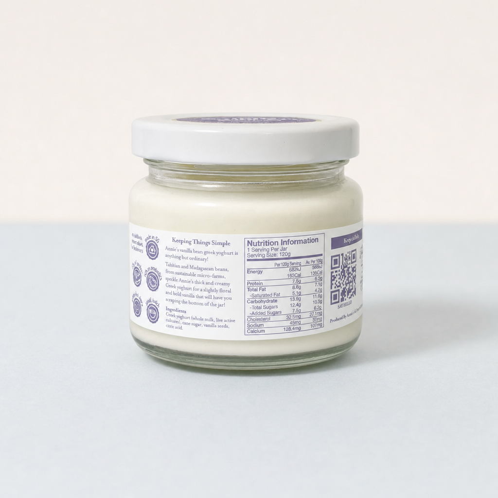 Back of Annie's Vanilla Bean Greek Yoghurt 120g jar showing the label