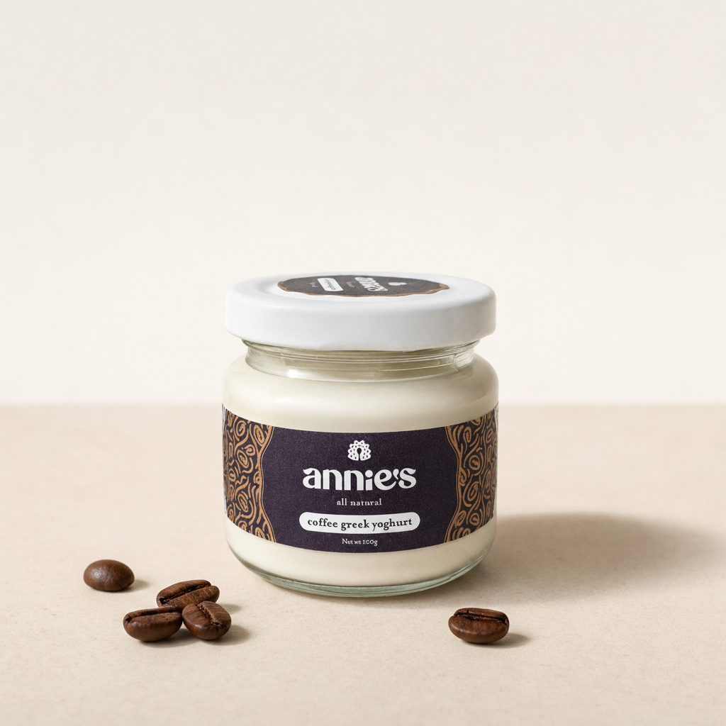 The Annie's coffee yoghurt jar with whole roasted coffee beans scattered on the surface around its base