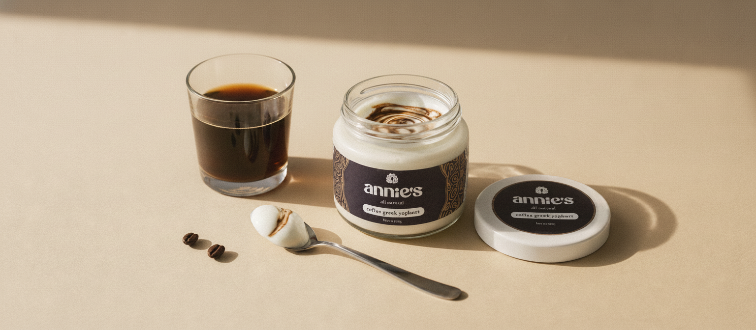 A glass of cold-brew coffee beside an open Annie's Coffee Greek Yoghurt jar