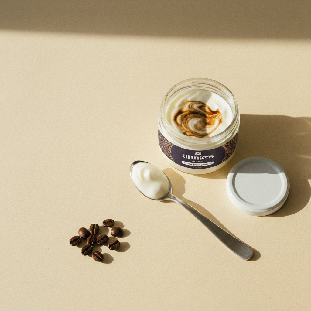An open jar of Annie's Coffee Greek Yoghurt with coffee beans and a steel spoon