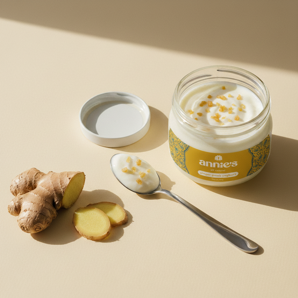 An open jar of Annie's Ginger Greek Yoghurt with fresh ginger and a steel spoon