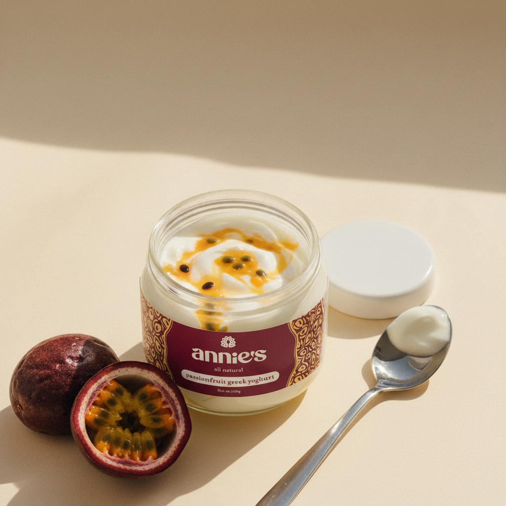 An open jar of Annie's Passionfruit Greek Yoghurt with cut passionfruit and a steel spoon