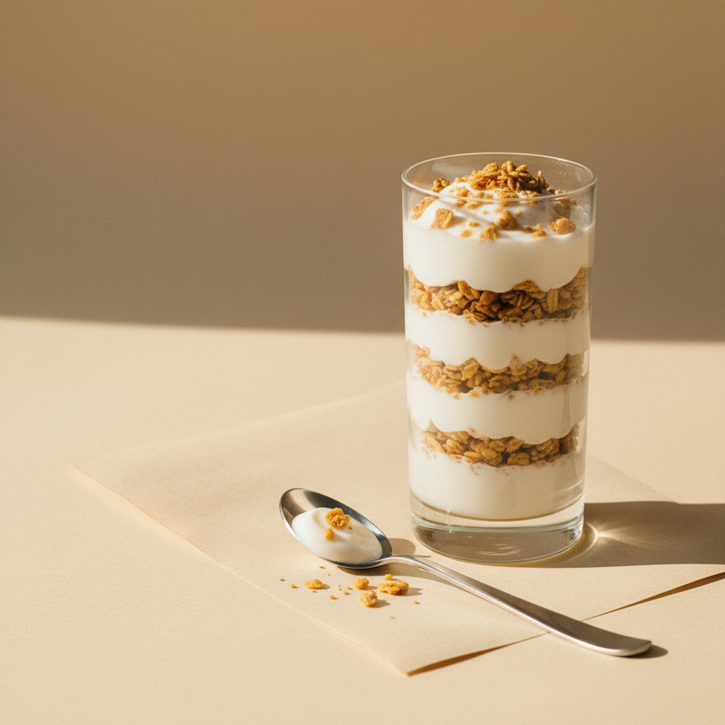 A glass parfait of Annie's Plain Greek Yoghurt with golden granola layers