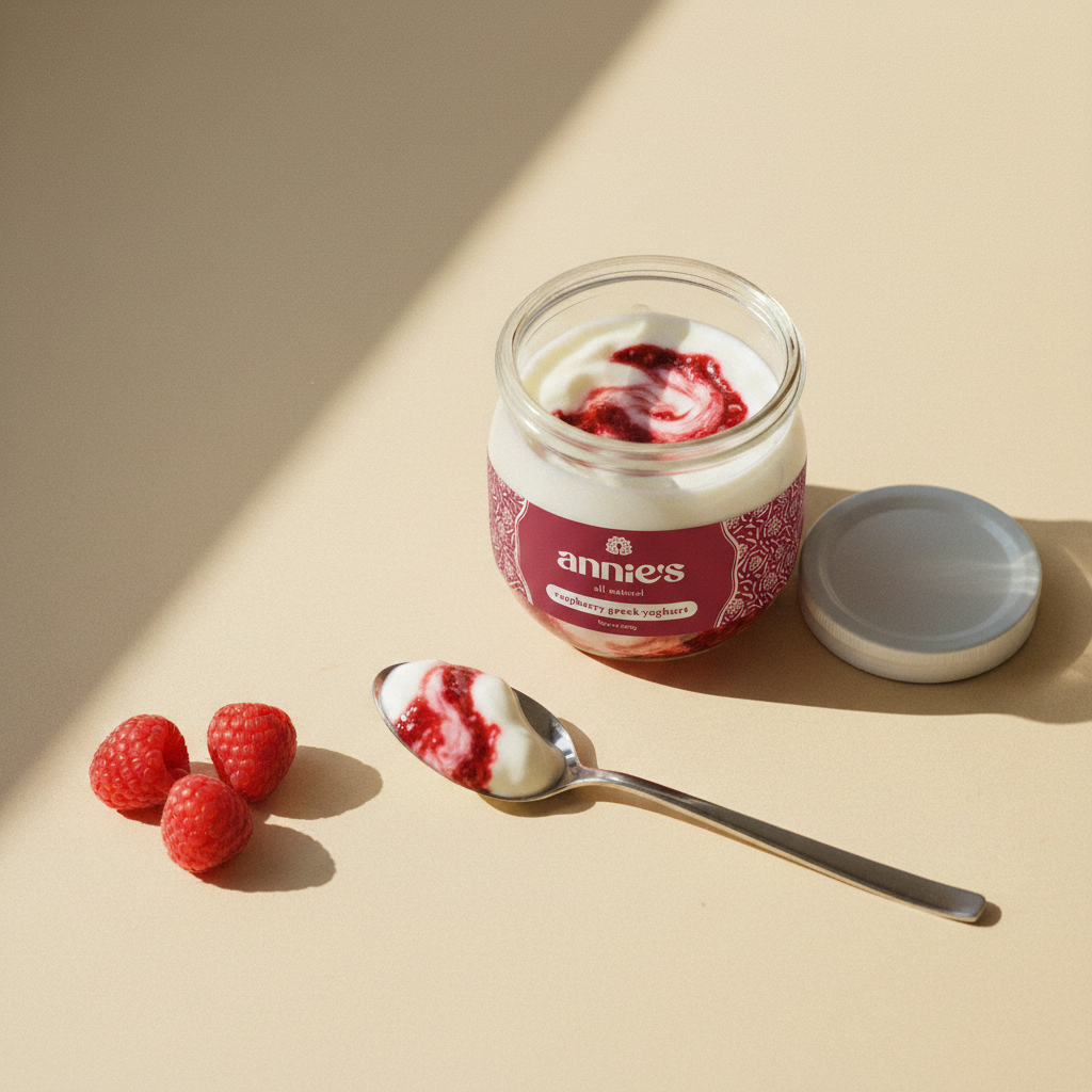 An open jar of Annie's Raspberry Greek Yoghurt with fresh raspberries and a steel spoon