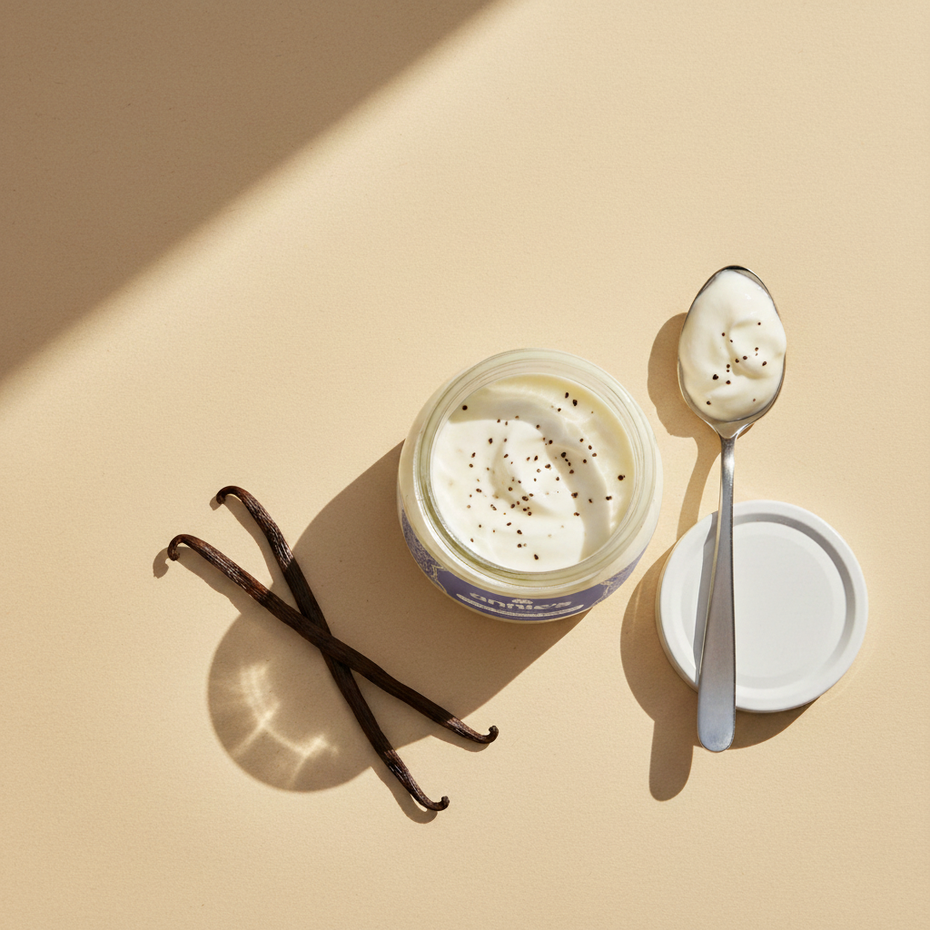 An open jar of Annie's Vanilla Bean Greek Yoghurt with vanilla pods and a steel spoon