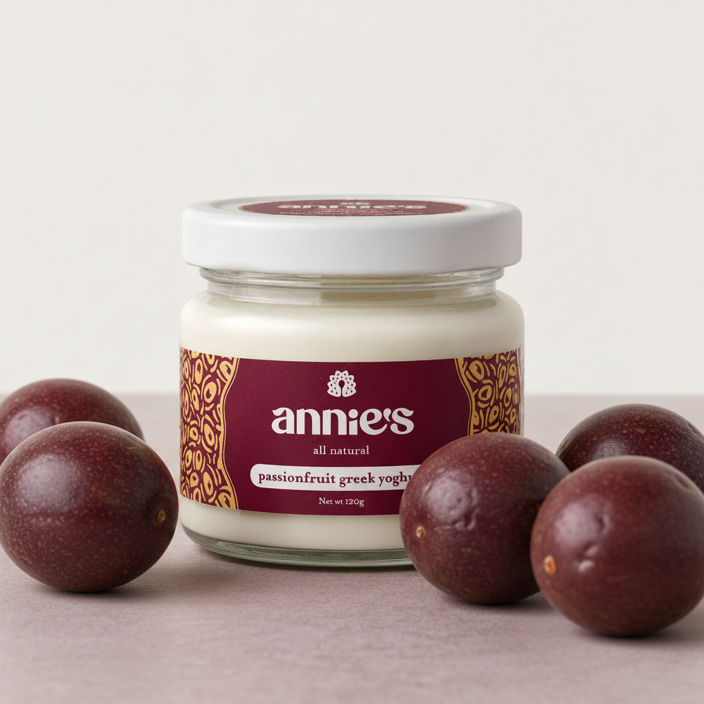 The Annie's passionfruit yoghurt jar with whole passionfruits scattered around its base