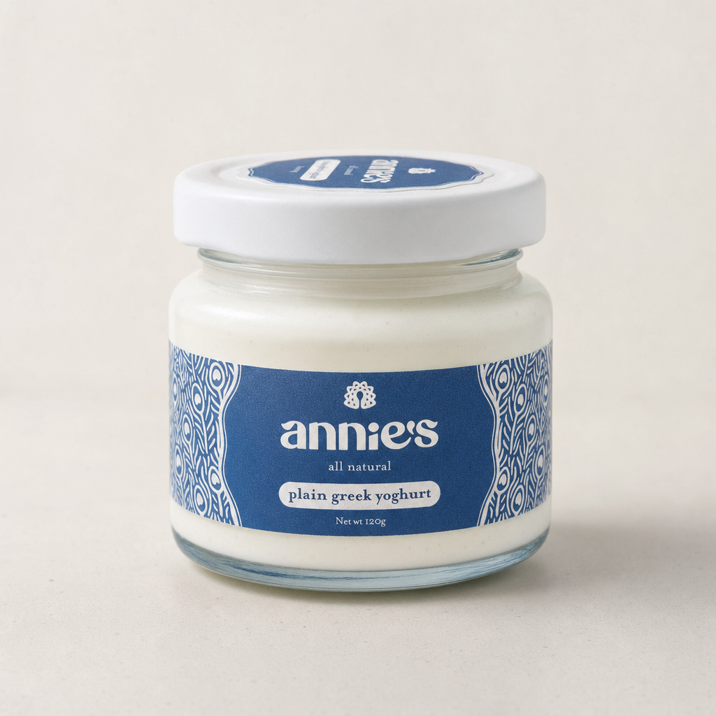 Front of Annie's Plain Greek Yoghurt 120g jar