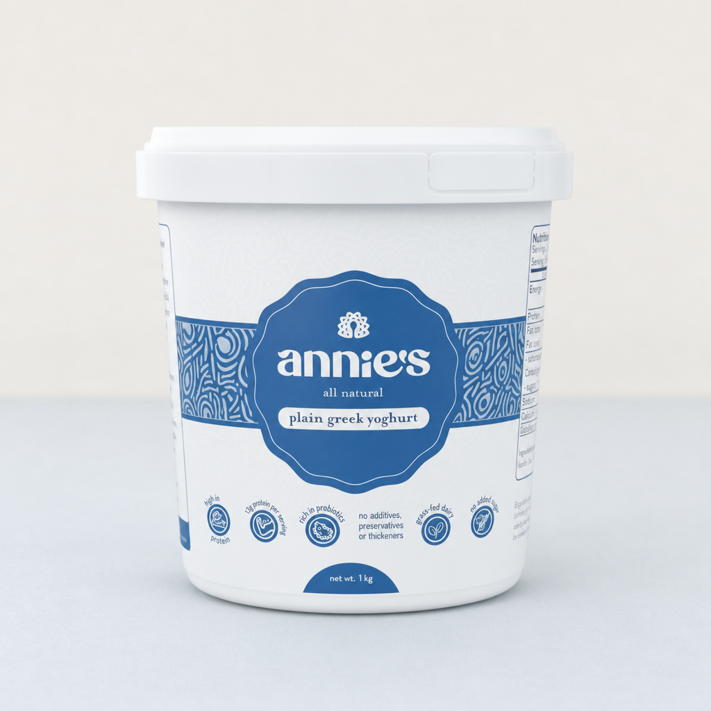 Front of Annie's Plain Greek Yoghurt 1kg tub
