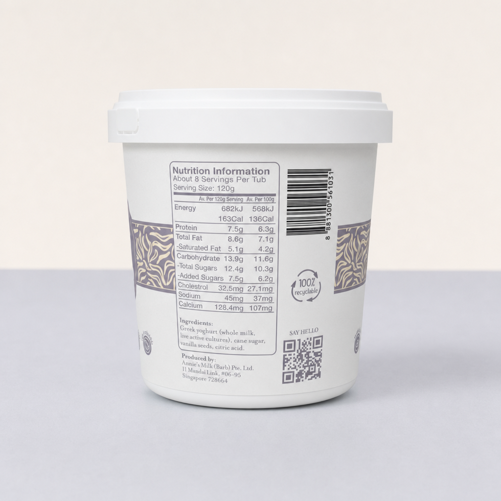 Back of Annie's Vanilla Bean Greek Yoghurt 1kg tub