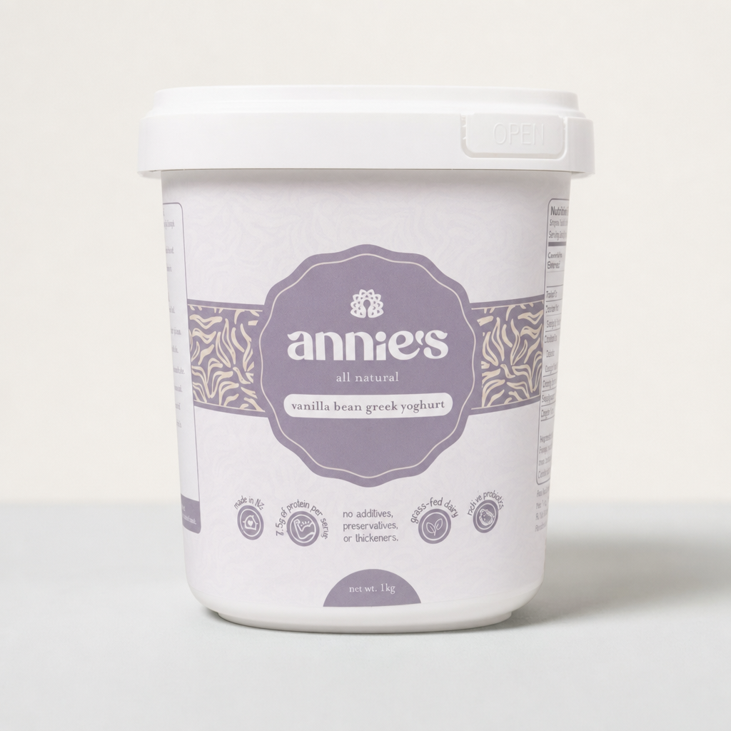 Front of Annie's Vanilla Bean Greek Yoghurt 1kg tub