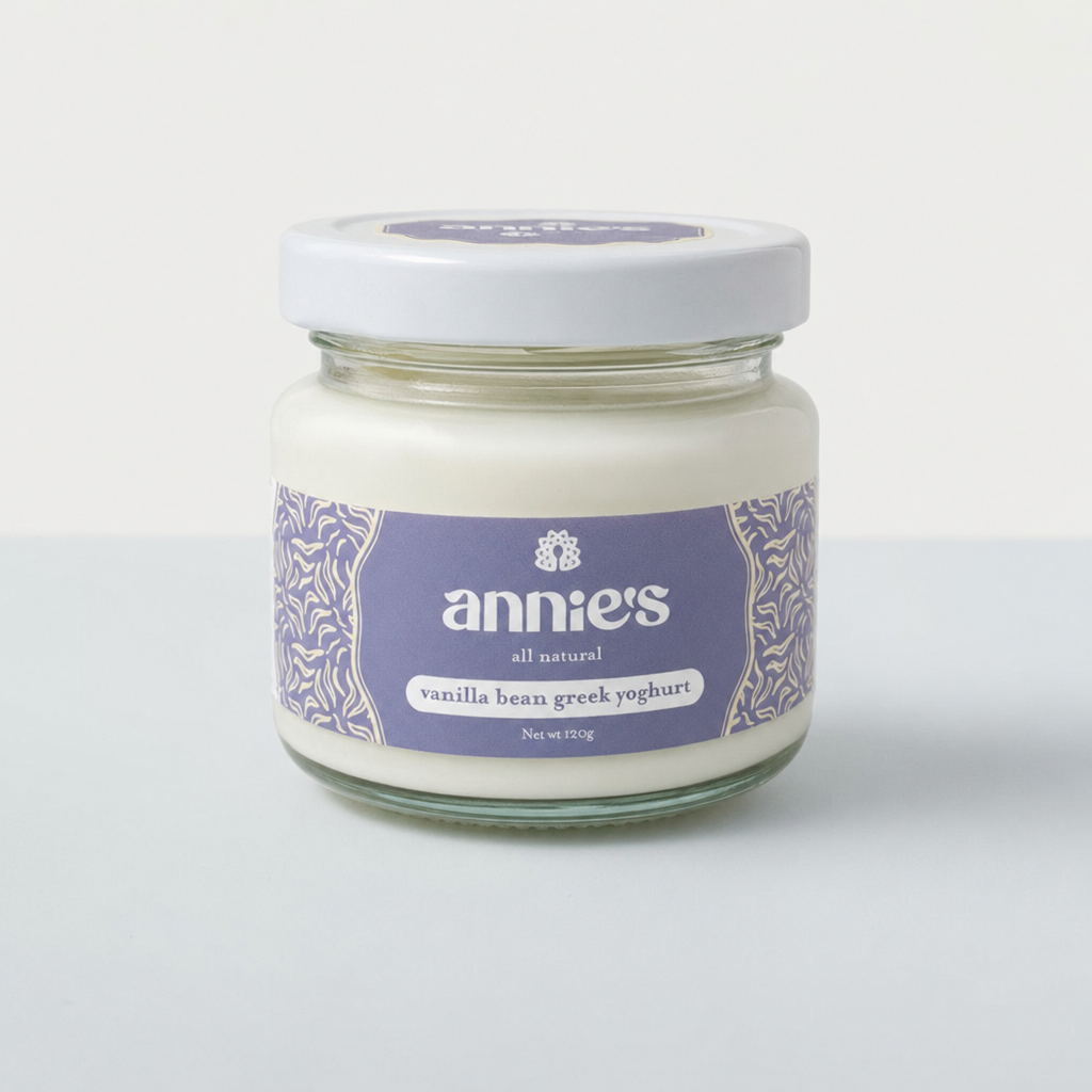 Front of Annie's Vanilla Bean Greek Yoghurt 120g jar